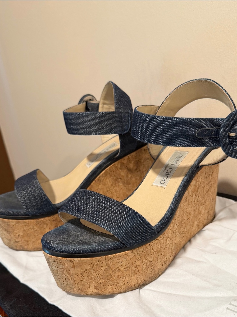 Jimmy Choo Denim Cork Wedge Sandals - Blue
